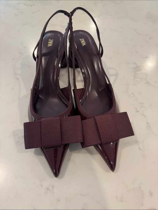 Zara Shoes - ZARA Burgundy Pointed Patent Slingback Heels with Bow